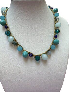Silver Tone Braided Cord Choker Necklace Glass Faceted Beads Toggle Clasp Blues